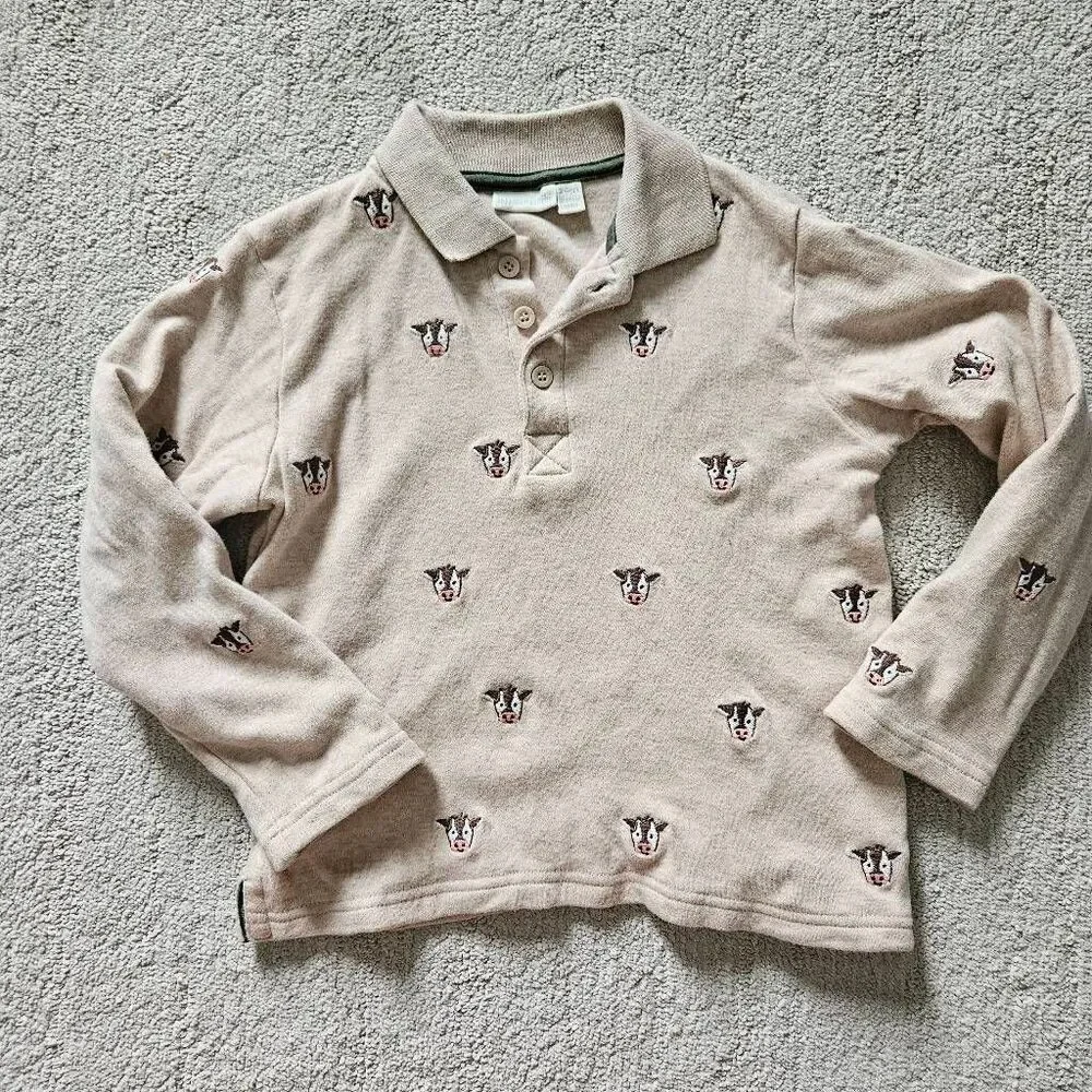 Jojo Maman Bebe Embroidered Cow Long-Sleeve Polo Shirt Size 5-6